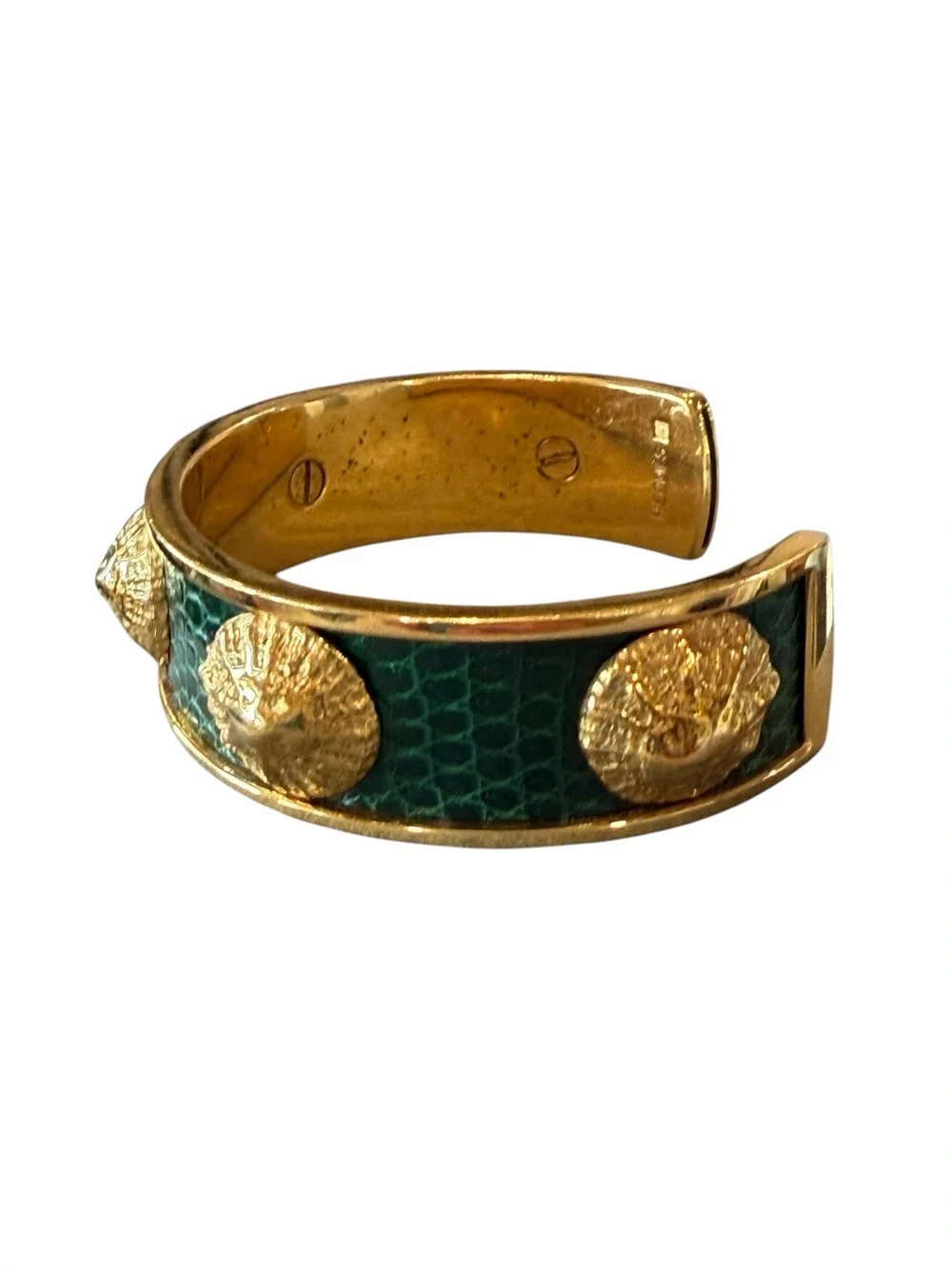 Hermes Gold-Tone Green Lizard-Texture Shell Cuff Bracelet